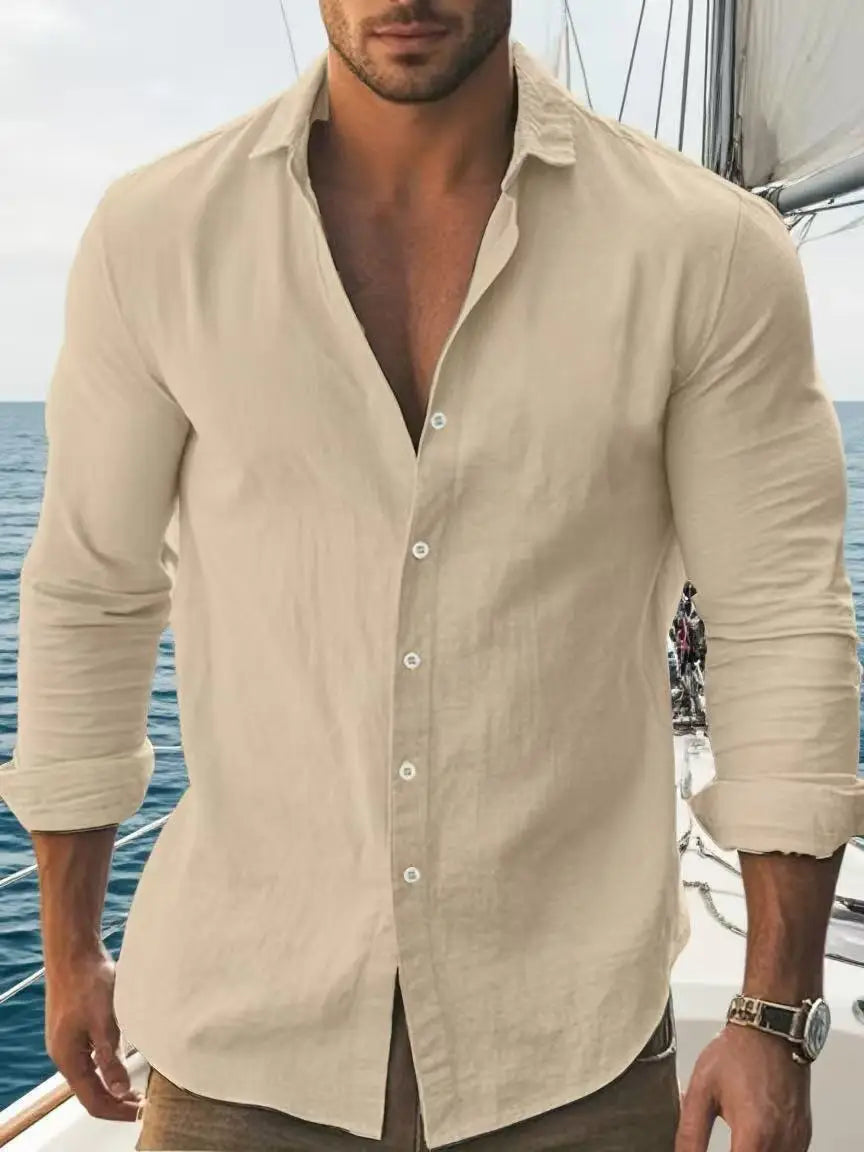 Mens Cotton Long Sleeve Shirt With Classic Collar And Rollable Cuffs Slim Fit