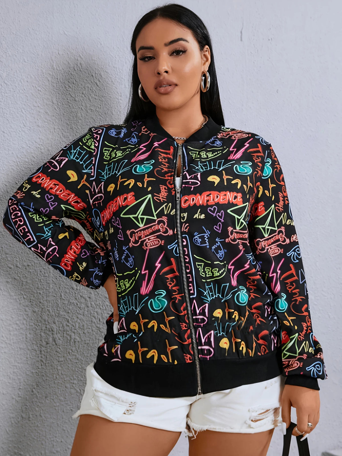 Women Graffiti Print Baseball Jacket With Zipper Stand Collar