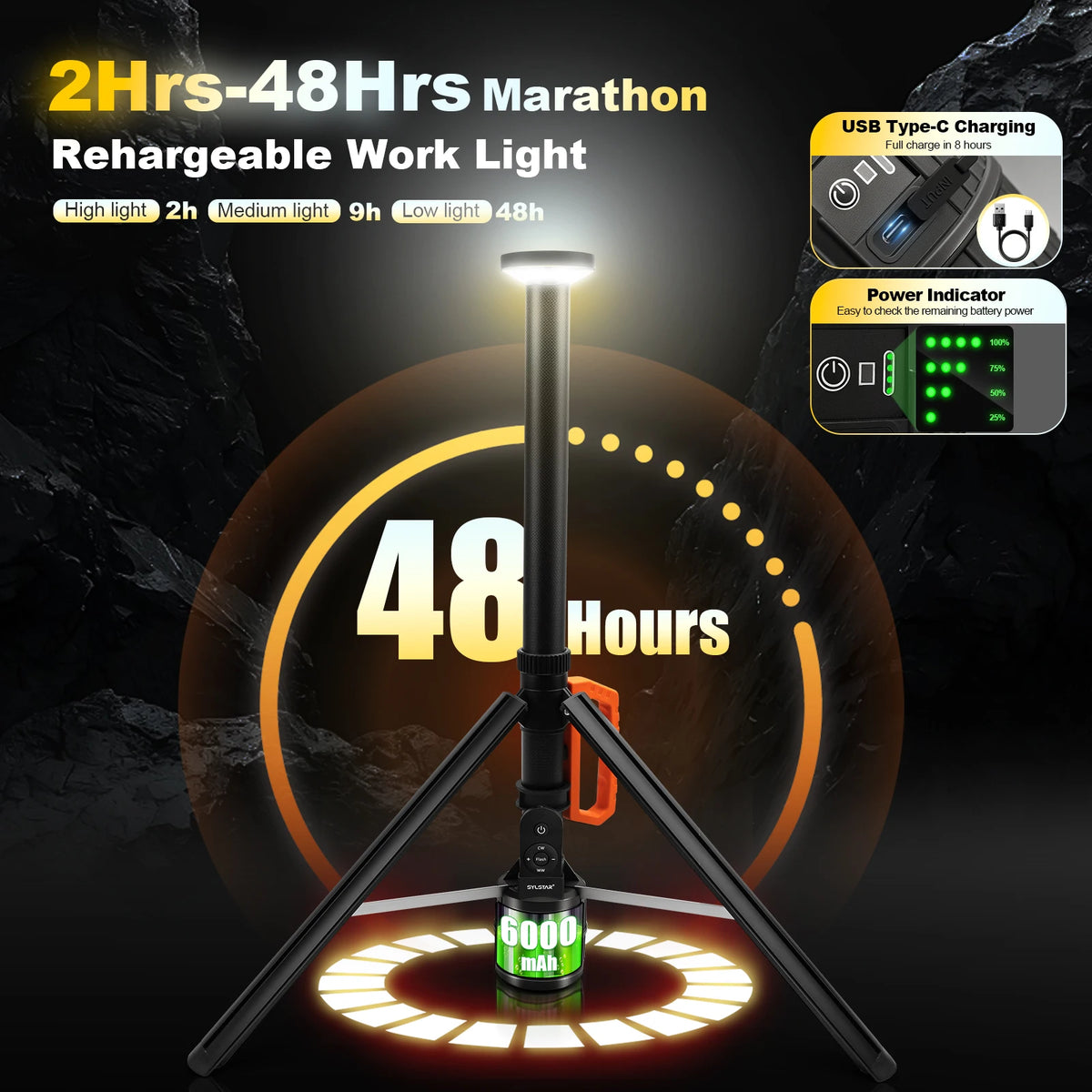 Rechargeable 360 Degree LED Work Light With Remote Control Telescopic Stand