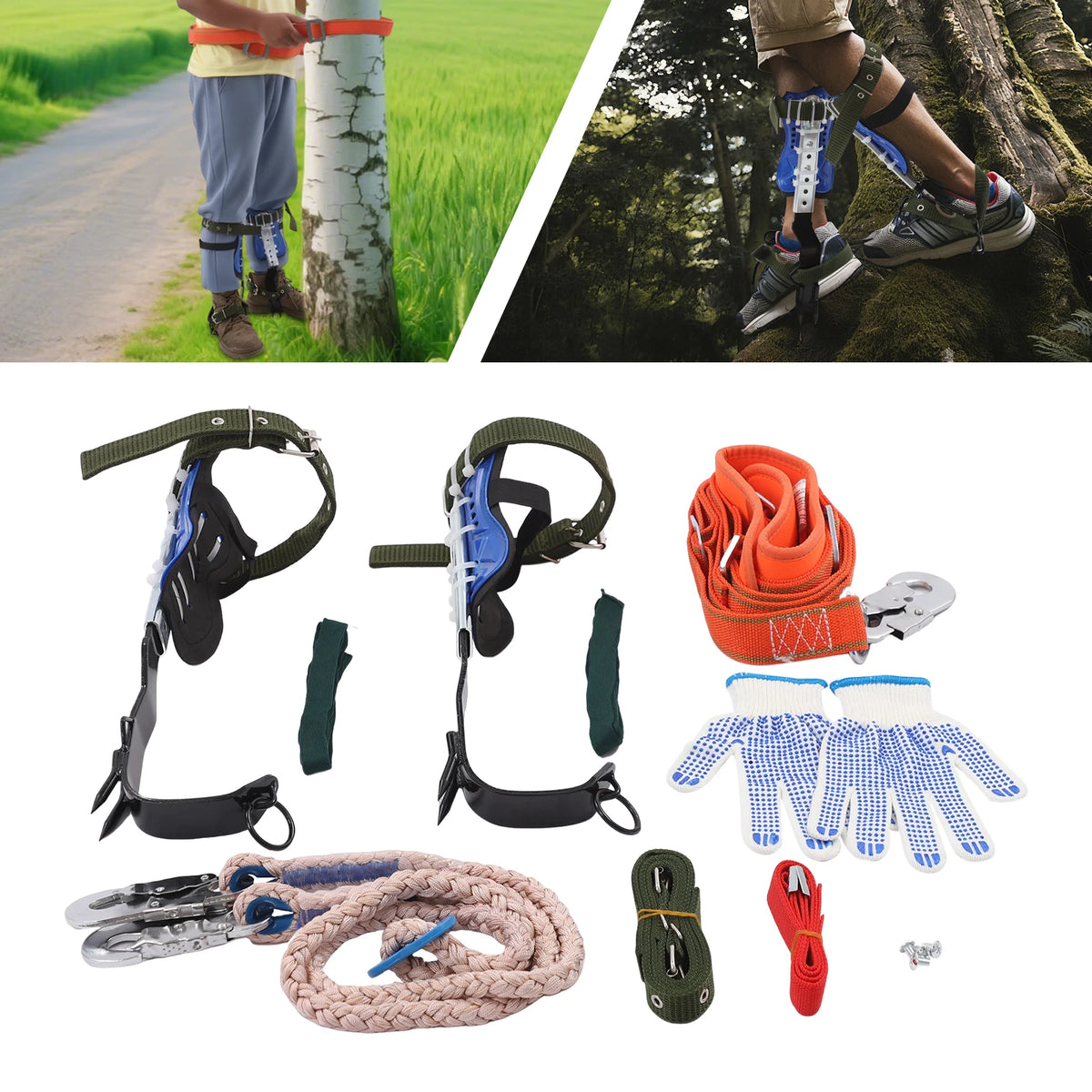 150kg Capacity Adjustable Tree Climbing Spikes Gear Set With Harness Rope Gloves