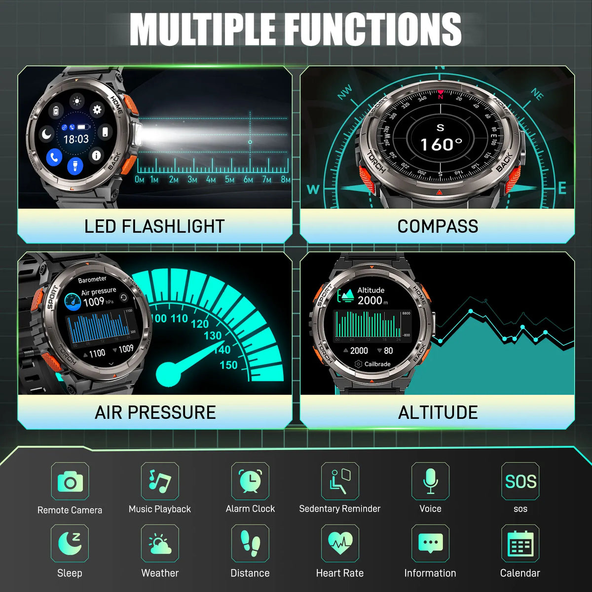 EIGIIS KE5 Smart Watch With Compass Barometer And LED Flashlight