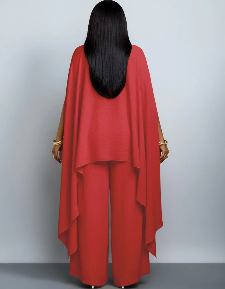 Women V Neck Split Cape Sleeve Wide Leg Two Piece Set