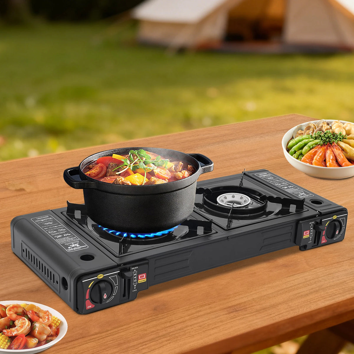 Portable Two Burner Gas Stove With Piezo Ignition And Case