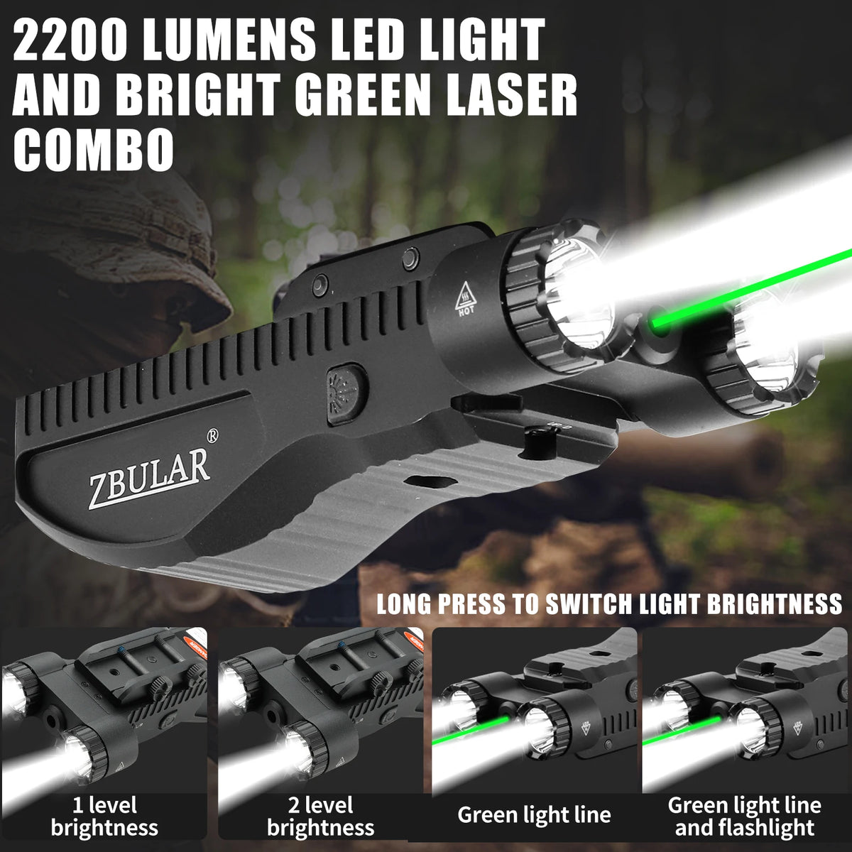 Tactical Flashlight Laser Combo 2200 Lumens Dual LED Weapon Light