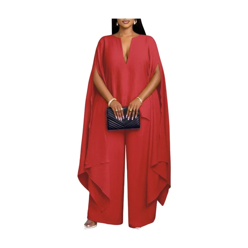 Women V Neck Split Cape Sleeve Wide Leg Two Piece Set