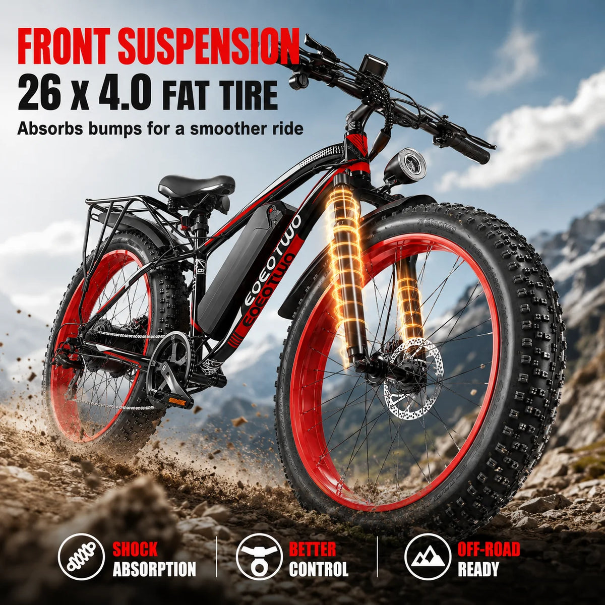 EOEOTWO Heavy Duty Ebike 390 Lb Capacity 34 MPH Front Suspension