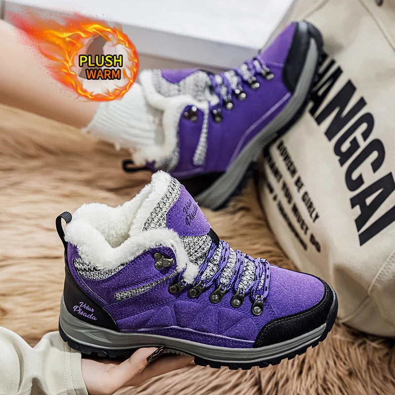 Women Snow Boots Waterproof Fleece Lined Lace Up Winter Hiking Shoes