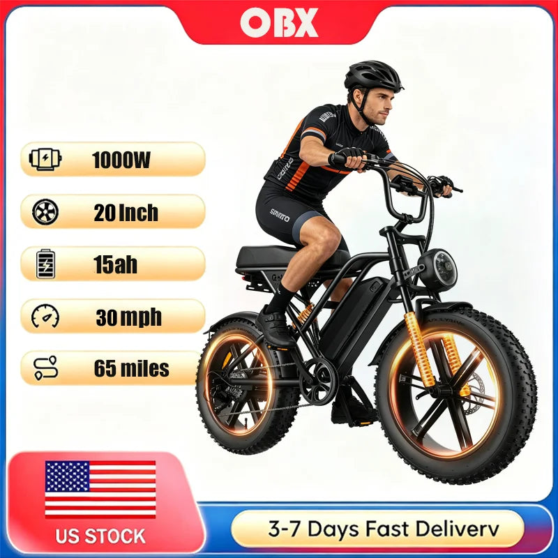 OBX 1000W Fat Tire Electric Bike 60 Mile Range Commuter