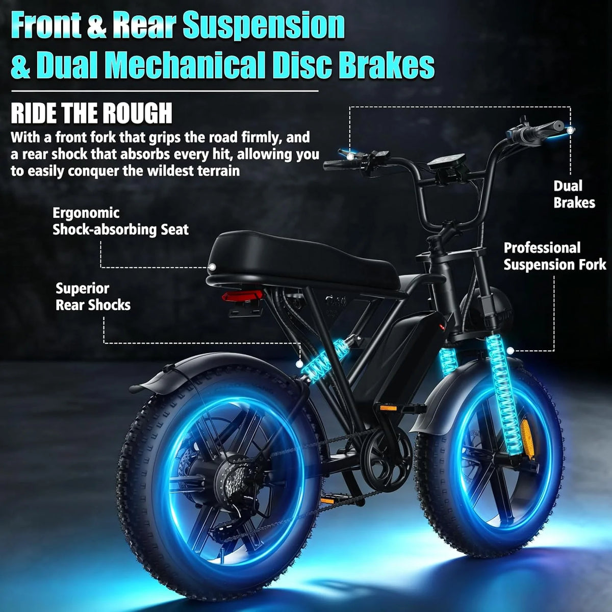 OBX 1000W Fat Tire Electric Bike 60 Mile Range Commuter