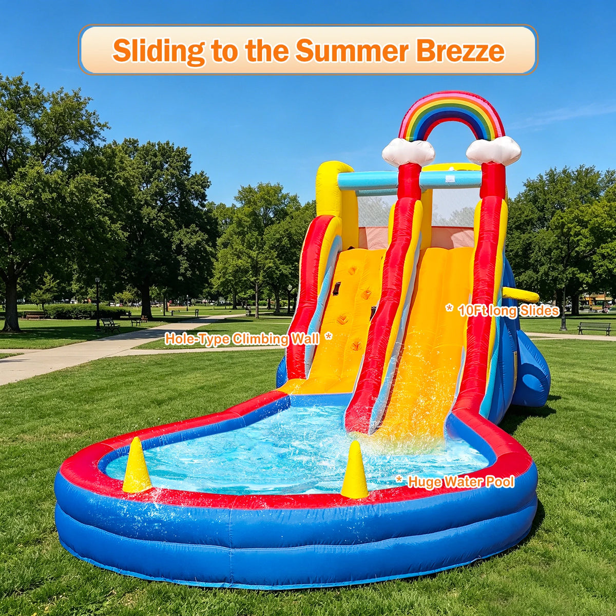 RTS Inflatable Double Water Slide With Splash Pool Rainbow Theme
