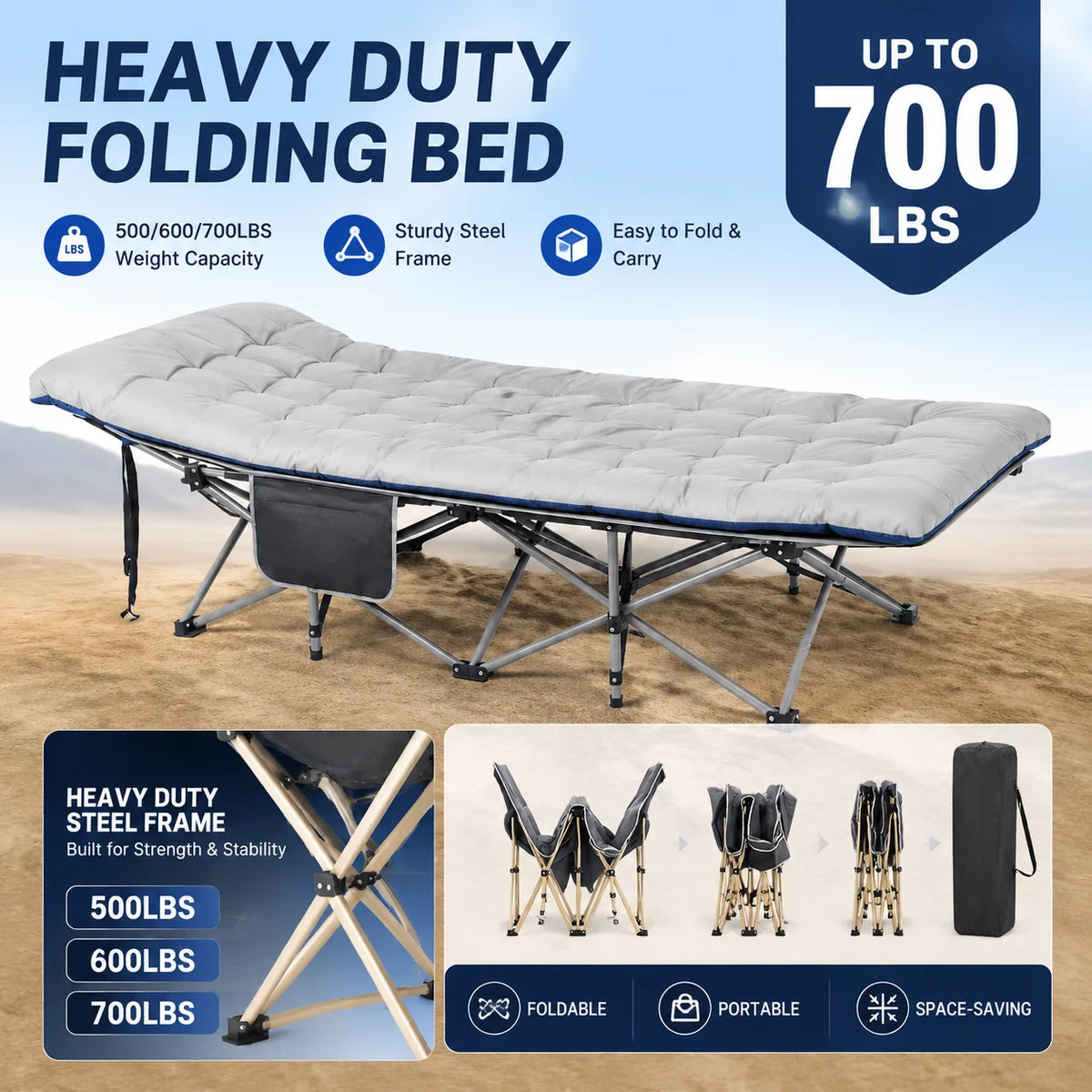 Foldable Cot Bed With Thick Mattress For Indoor Outdoor Use