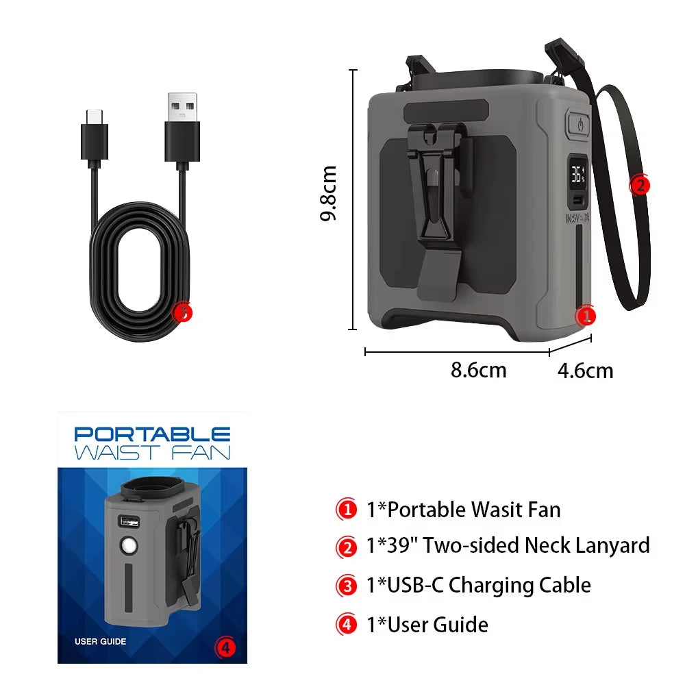 10000mAh Portable Waist Clip Fan Wearable Personal Fan 5 Speed