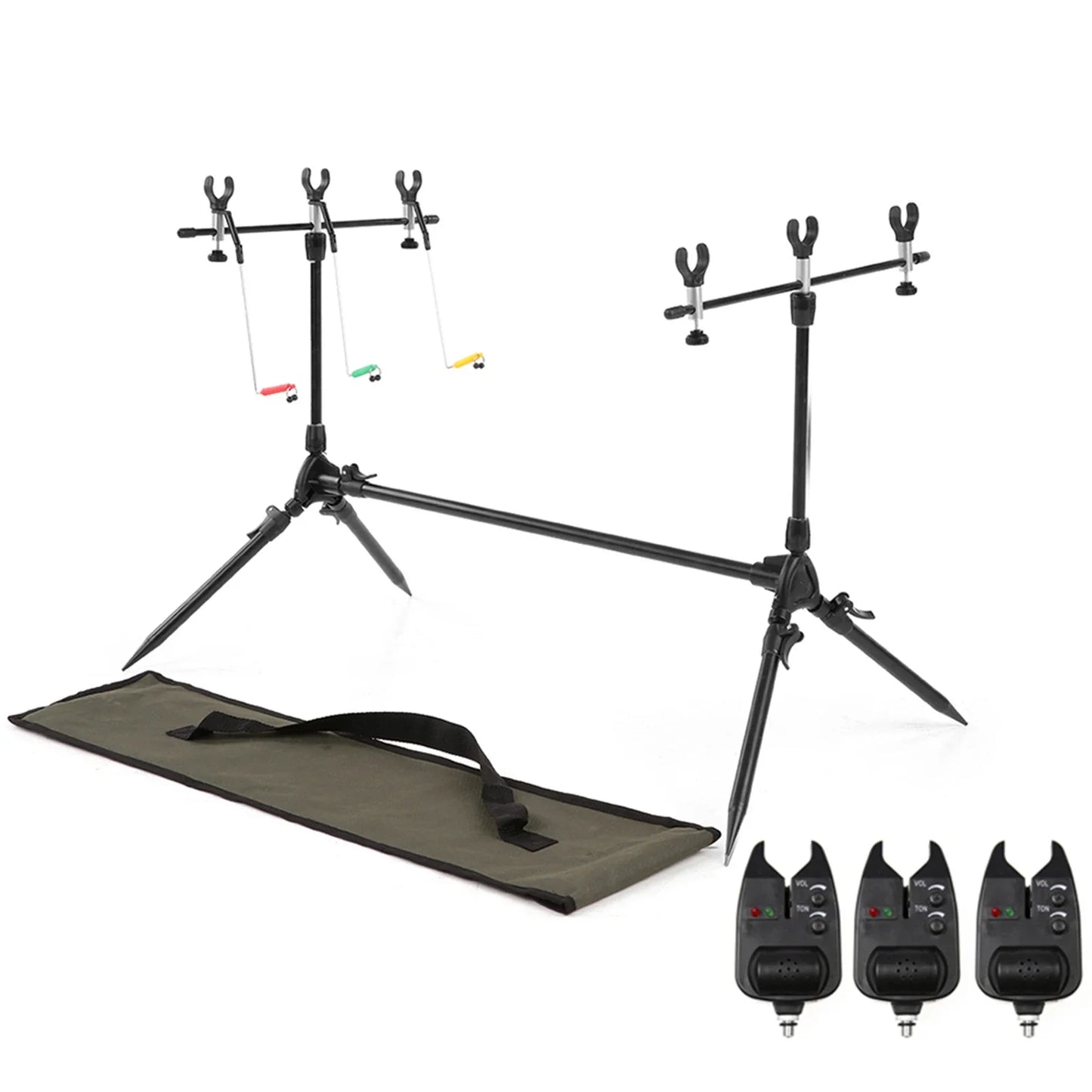 Adjustable Rod Pod Stand With 3 Bite Alarms And Swingers
