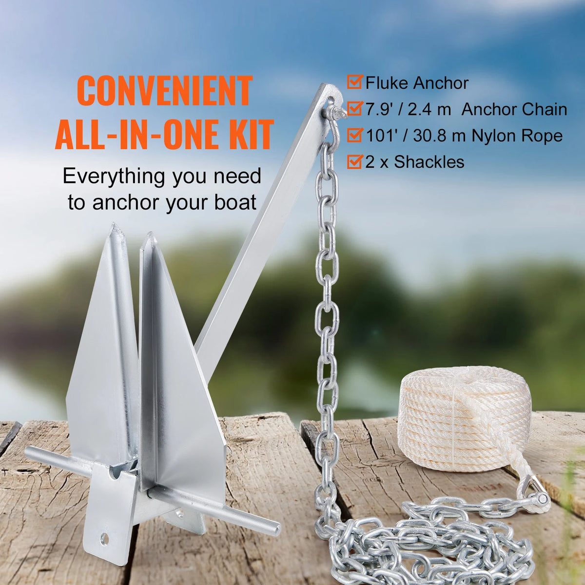 SucceBuy Galvanized Steel Fluke Anchor Kit With Rope And Chain