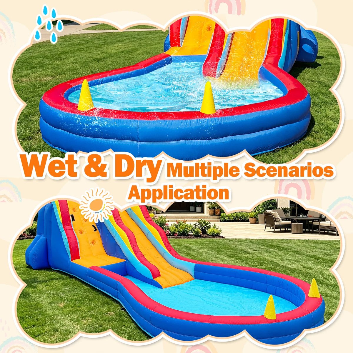 RTS Inflatable Double Water Slide With Splash Pool Rainbow Theme