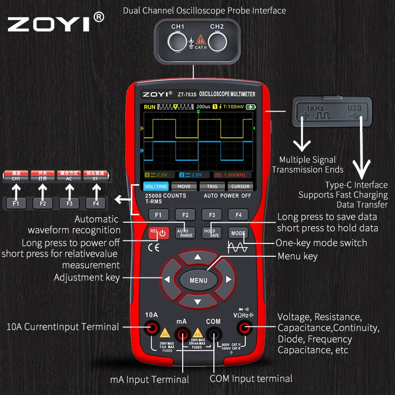 ZOYI ZT-703S Dual Channel Oscilloscope Multimeter Signal Generator