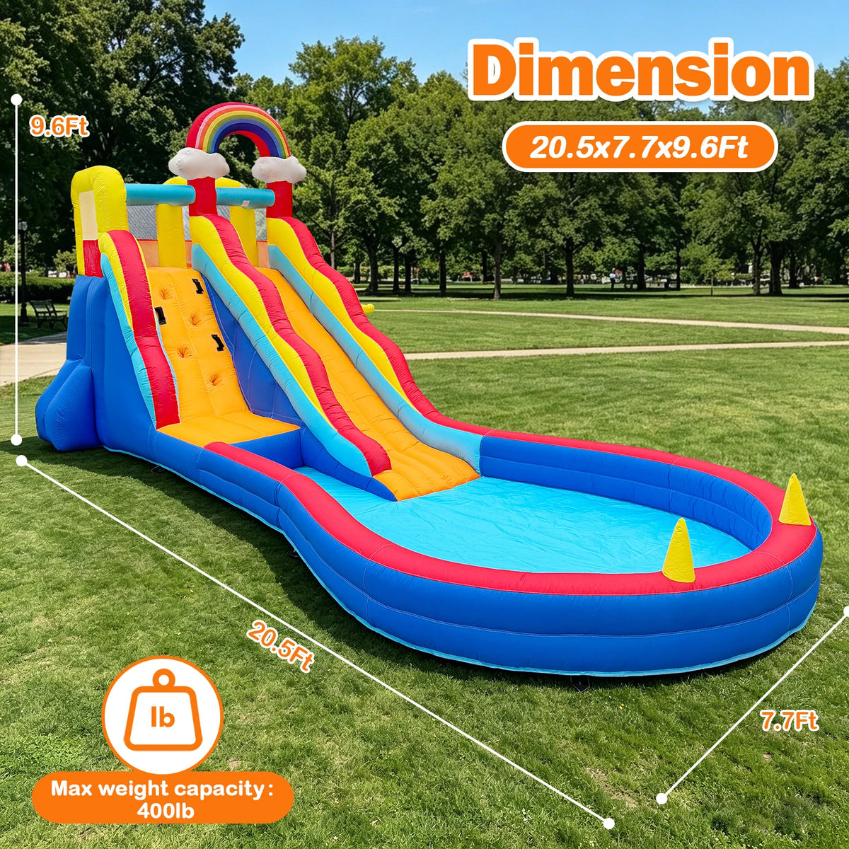 RTS Inflatable Double Water Slide With Splash Pool Rainbow Theme