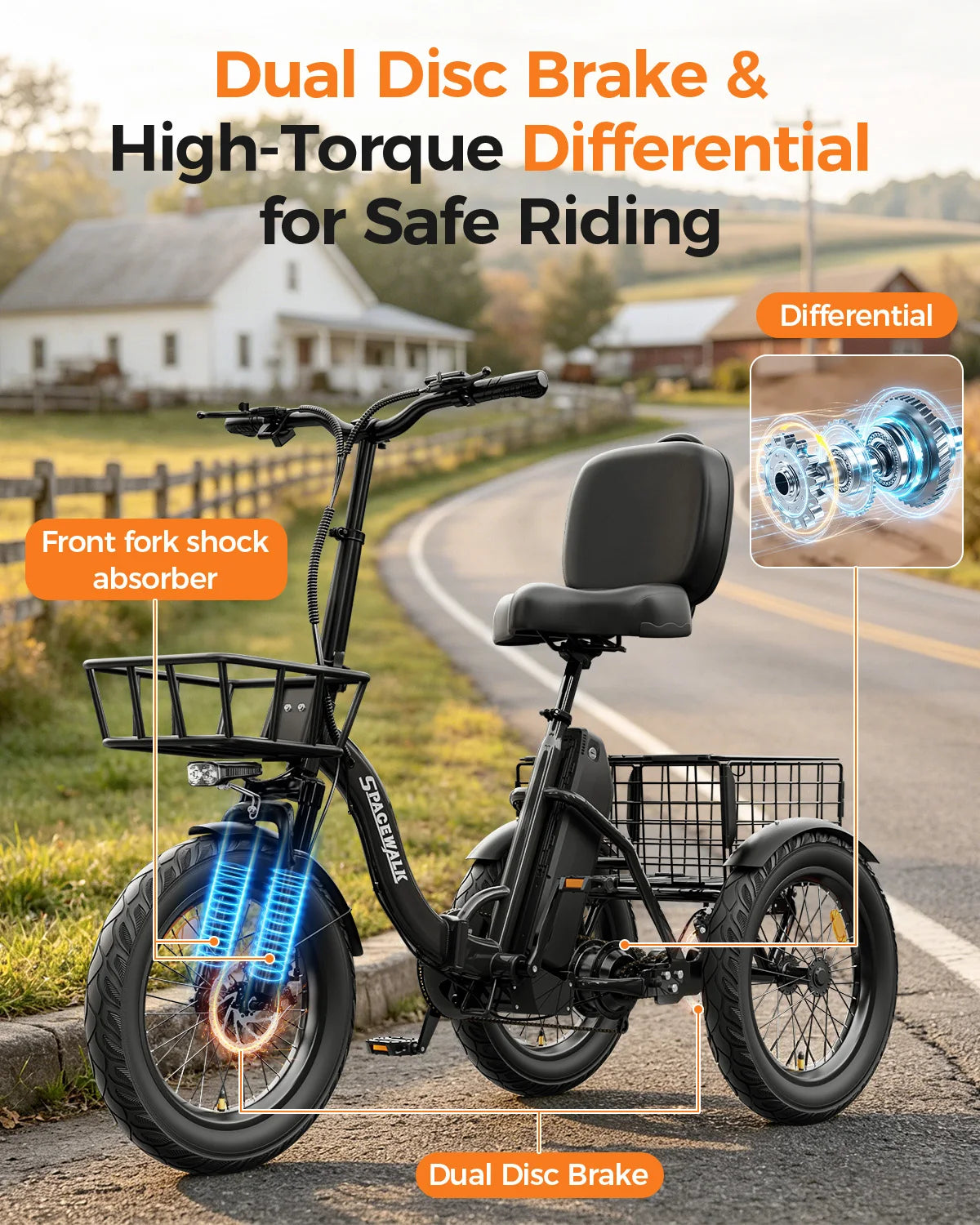 Spacewalk 1200W Folding Electric Trike With Rear Cargo Basket