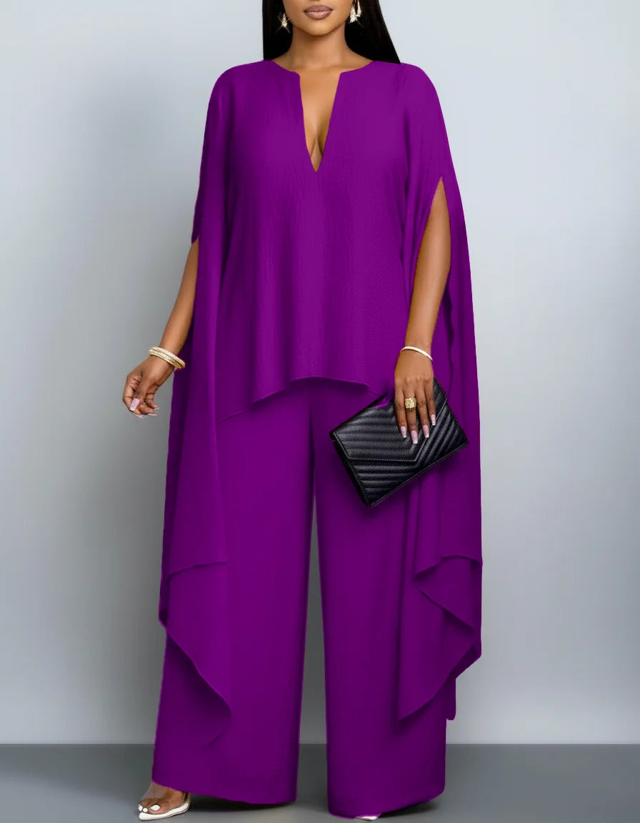 Women V Neck Split Cape Sleeve Wide Leg Two Piece Set