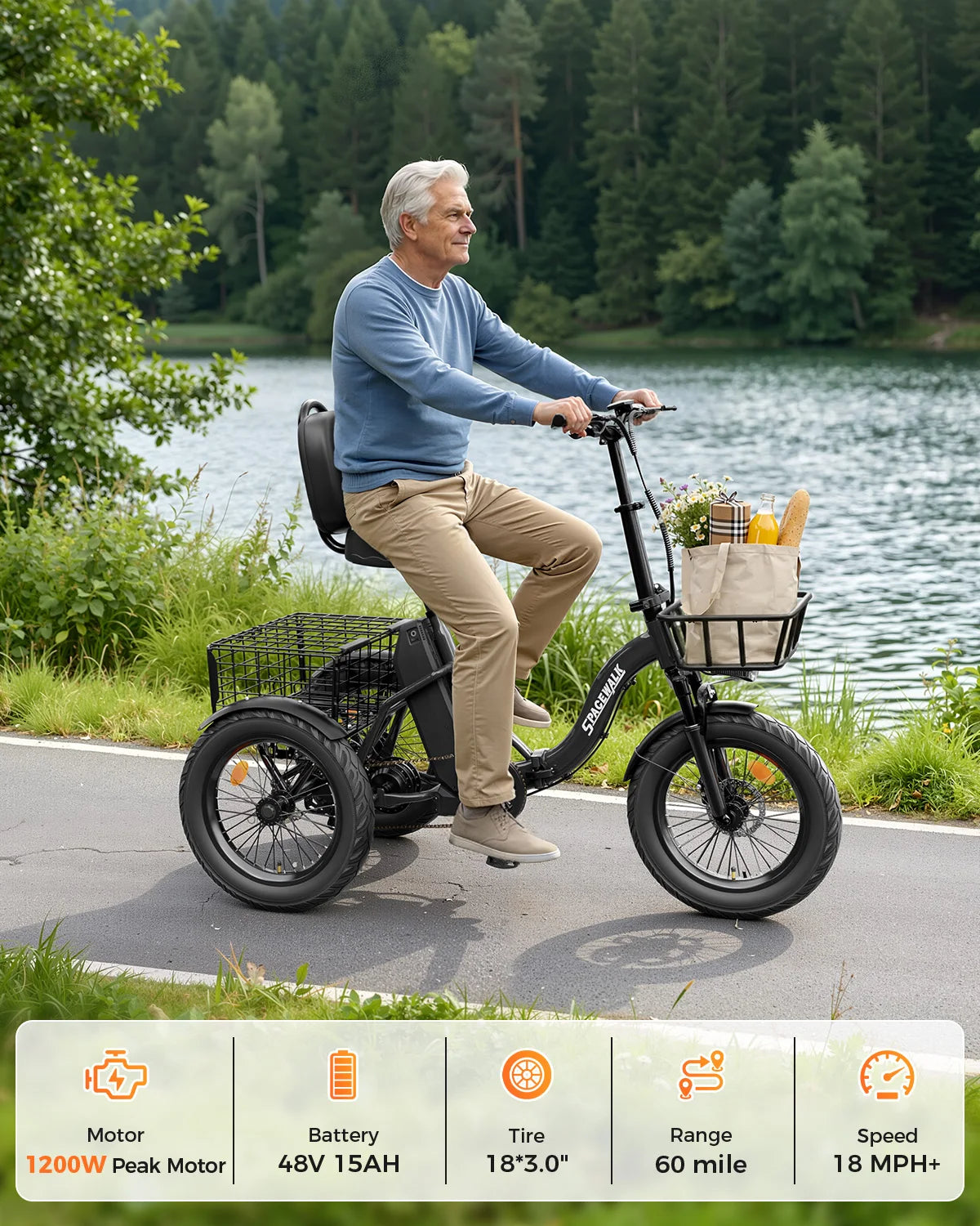 Spacewalk 1200W Folding Electric Trike With Rear Cargo Basket