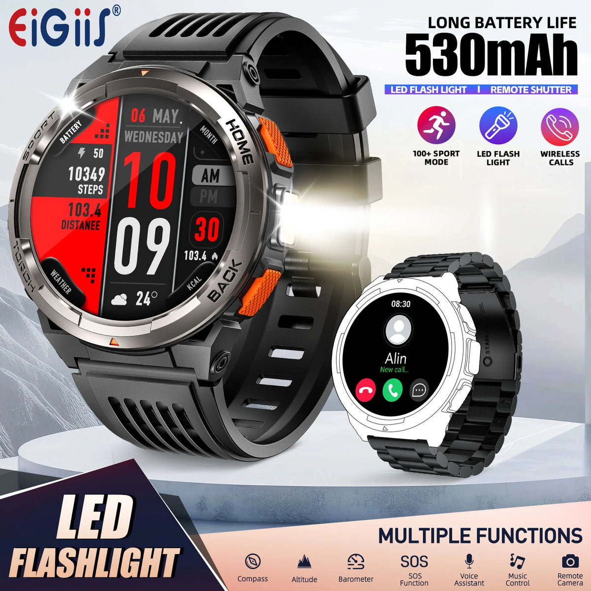 EIGIIS KE5 Smart Watch With Compass Barometer And LED Flashlight