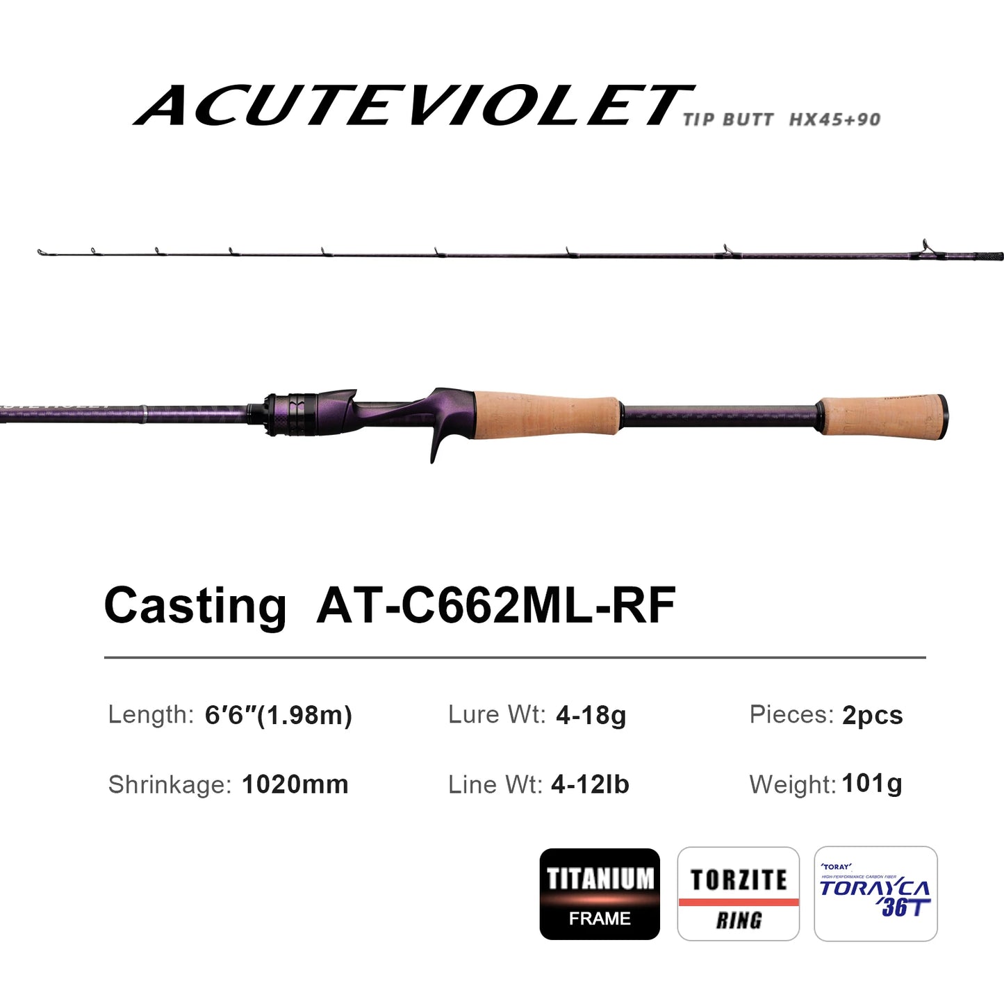 Pure-Lure AcuteViolet Bass Fishing Rod 2 Piece Fast Action