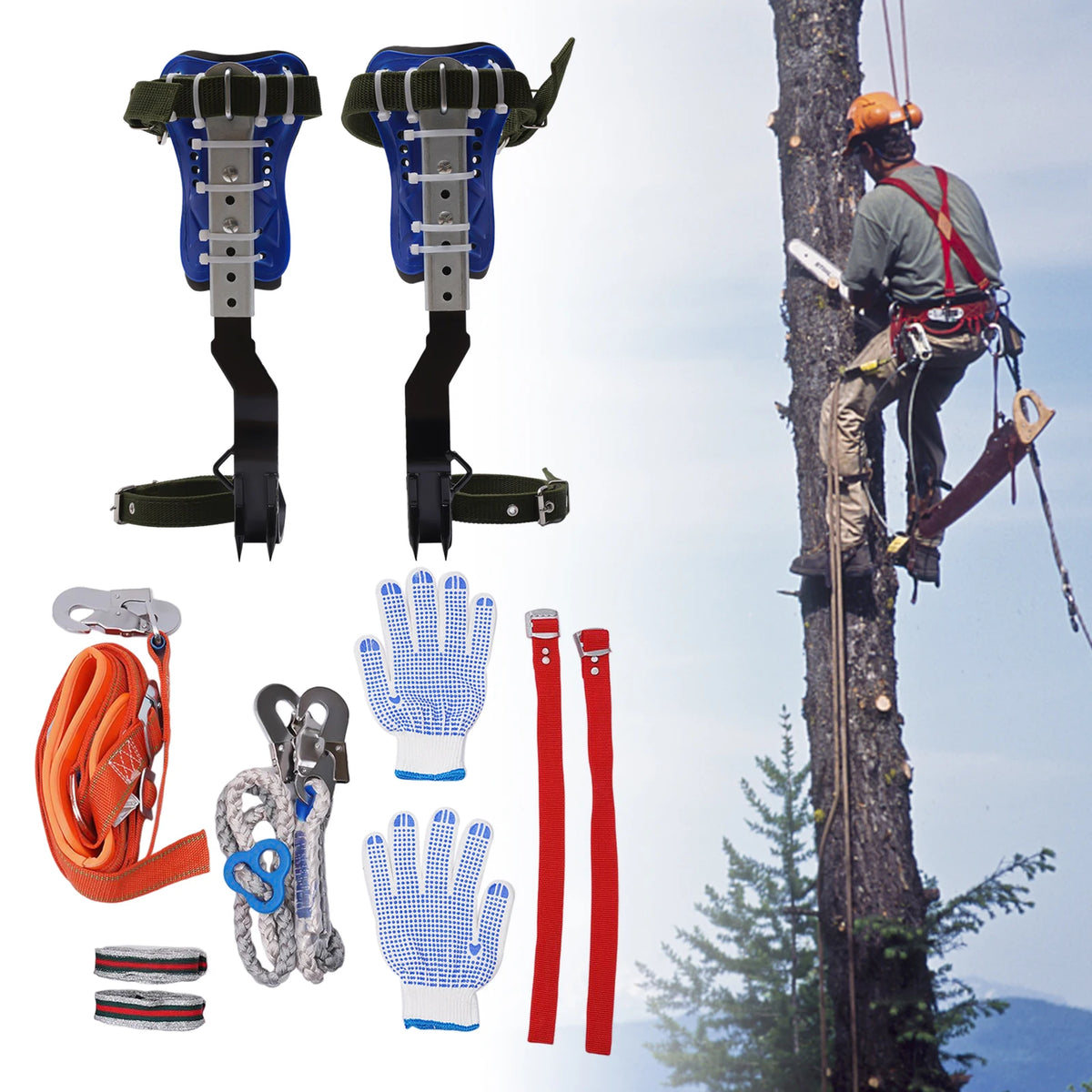 150kg Capacity Adjustable Tree Climbing Spikes Gear Set With Harness Rope Gloves