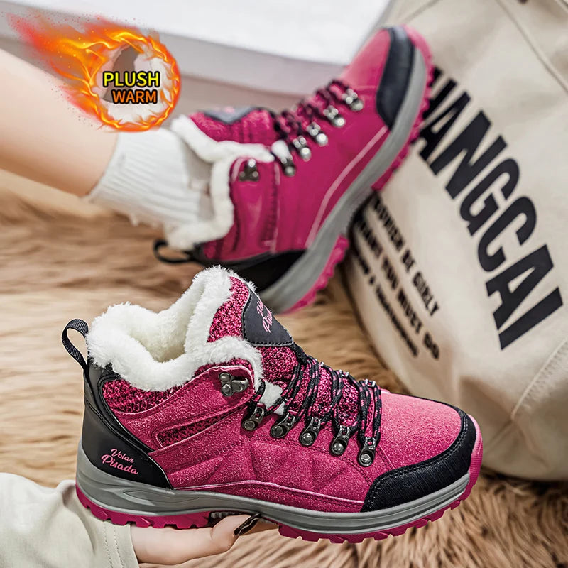 Women Snow Boots Waterproof Fleece Lined Lace Up Winter Hiking Shoes