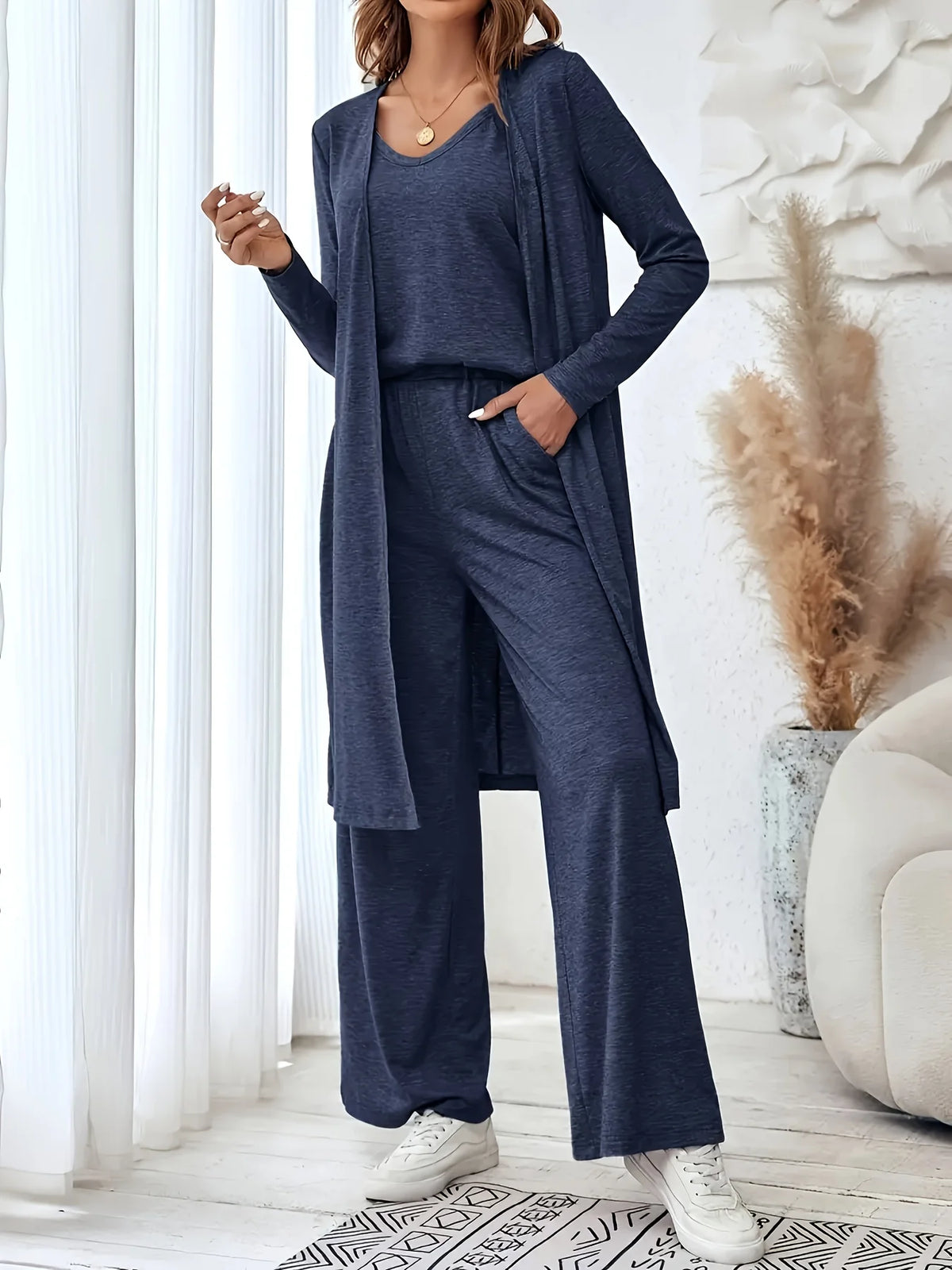 Women Knit Three Piece Lounge Set Cardigan Tank Wide Pants
