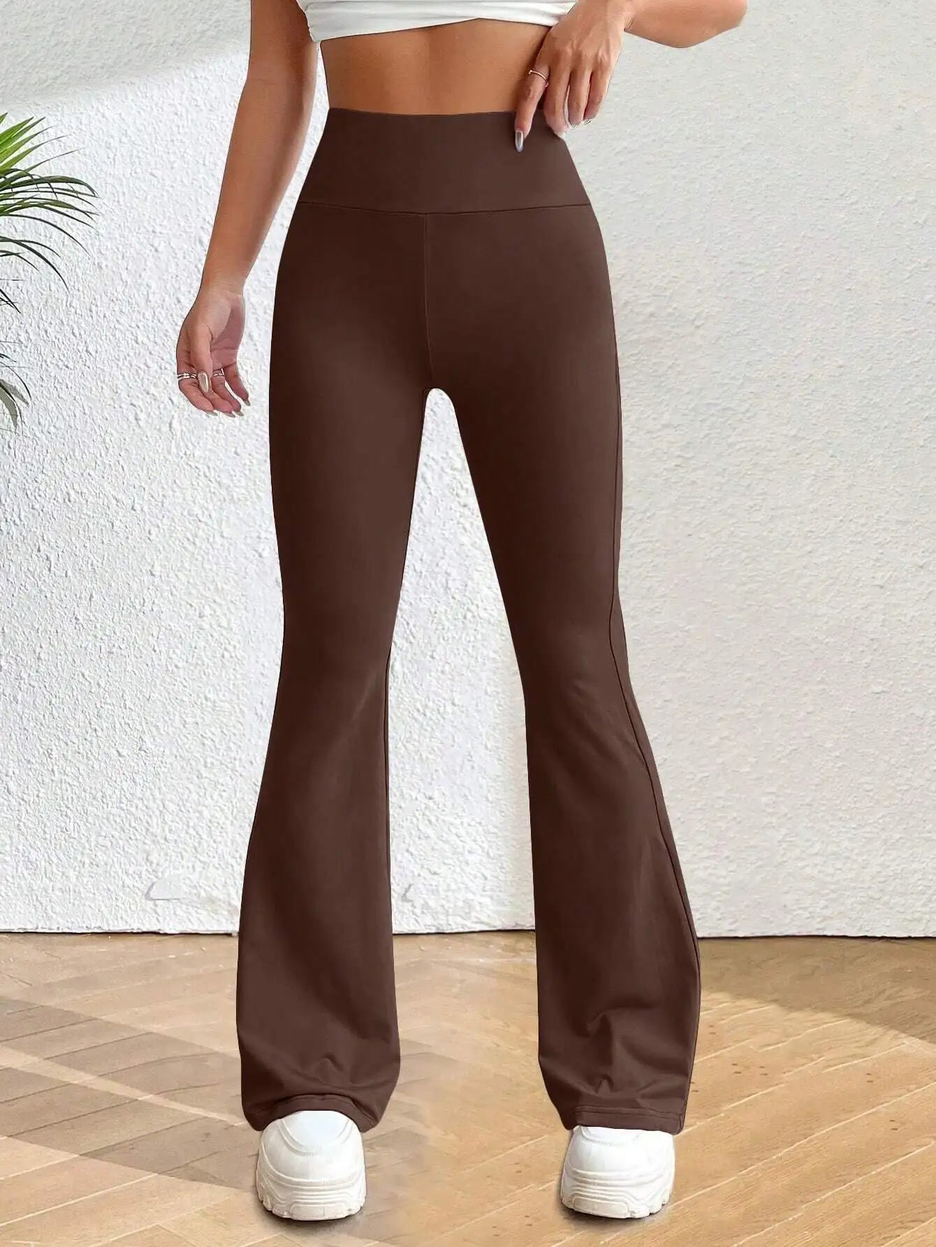 Solva Solid Flare Leg Pants High Waist Elastic Yoga Wear