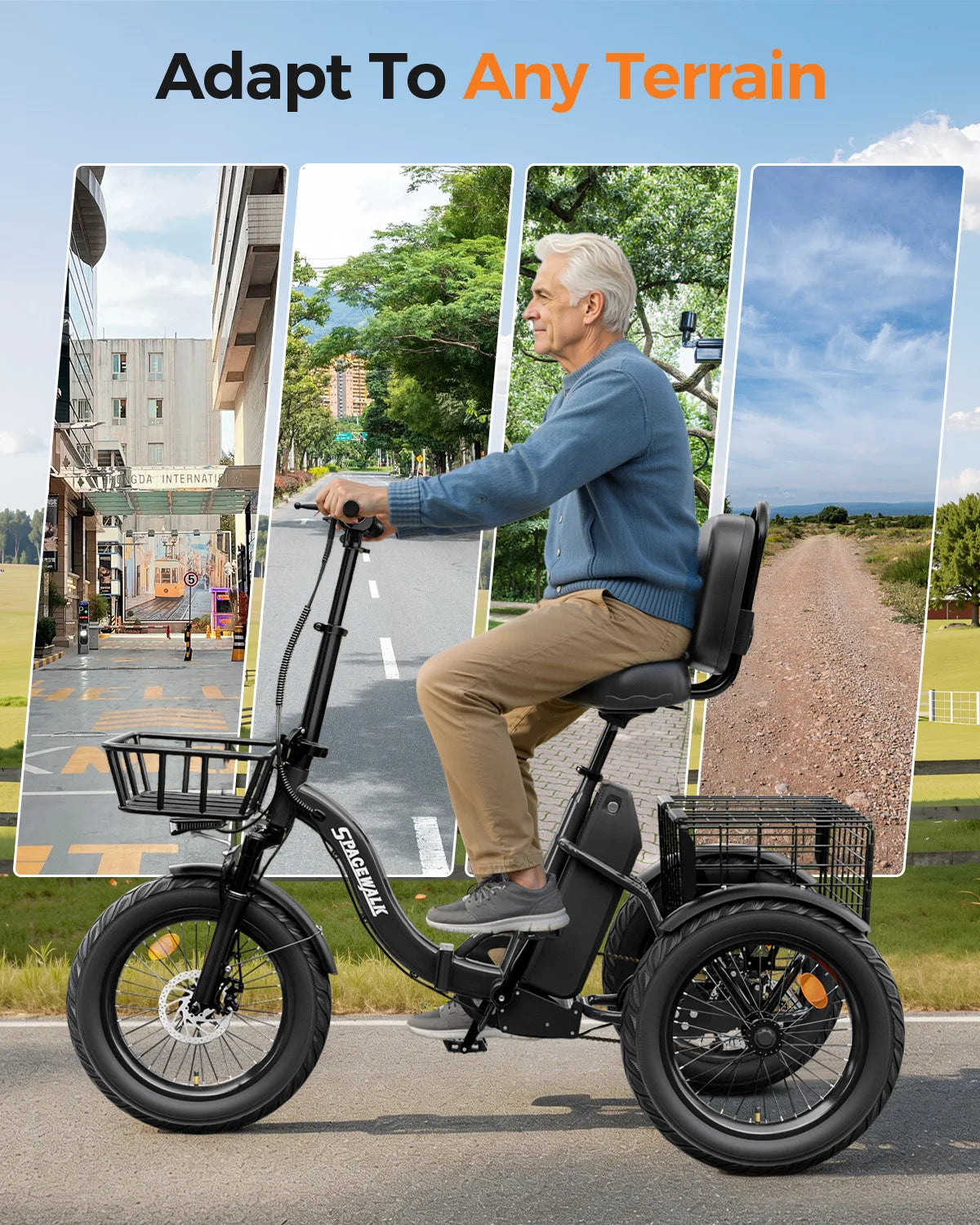Spacewalk 1200W Folding Electric Trike With Rear Cargo Basket
