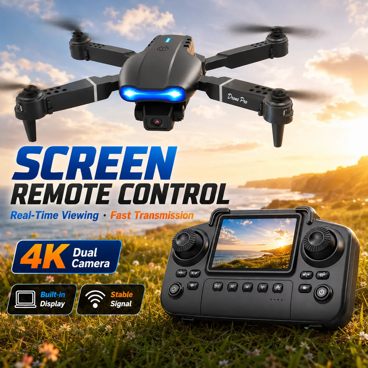 ZNLYRION RC Drone With Screen Remote Control Foldable 4K Dual Camera FPV