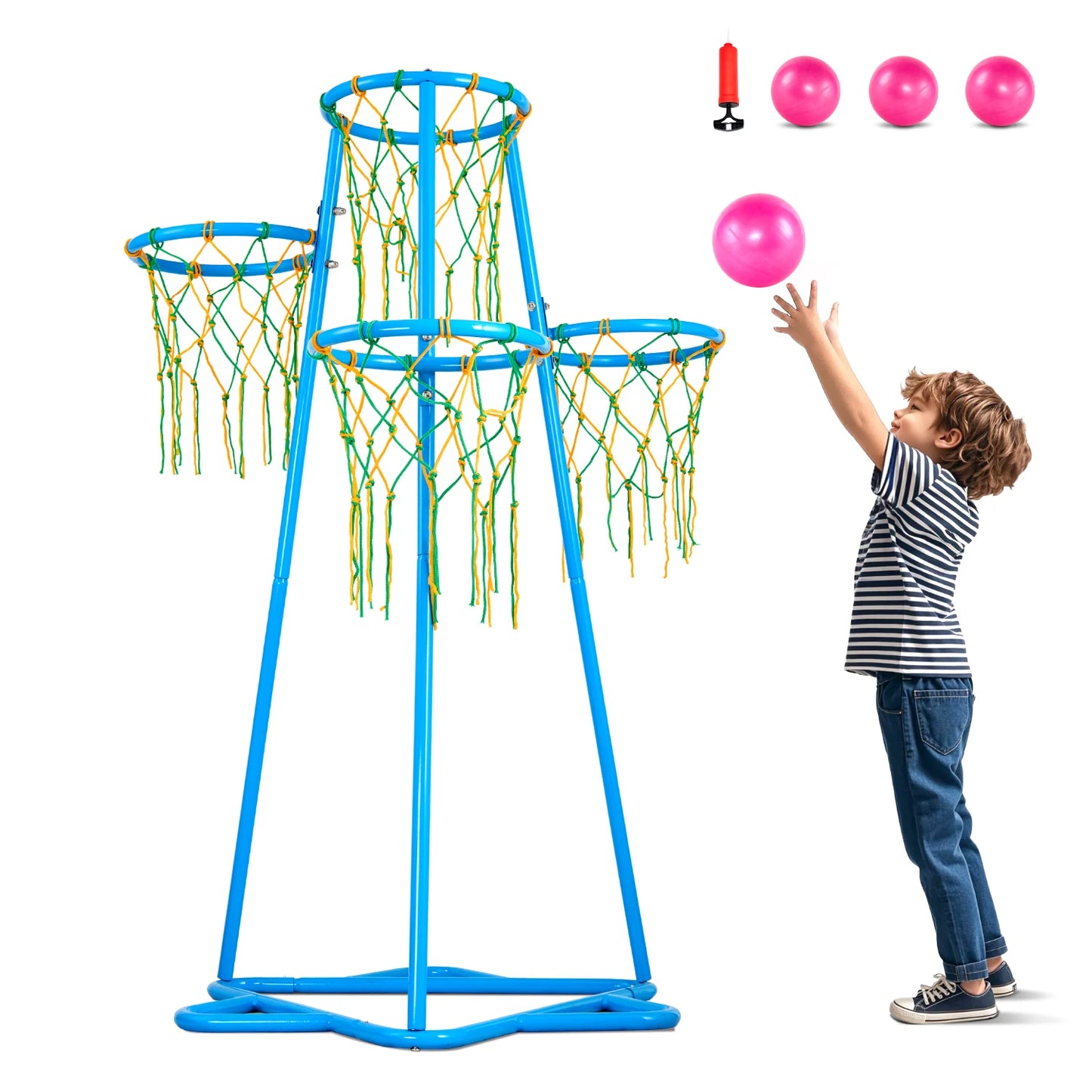 SucceBuy 4 Hoop Kids Basketball Hoop Stand With Adjustable Heights And 3 Balls