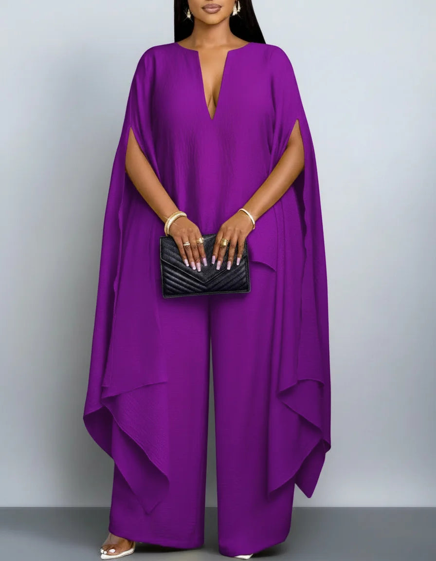 Women V Neck Split Cape Sleeve Wide Leg Two Piece Set