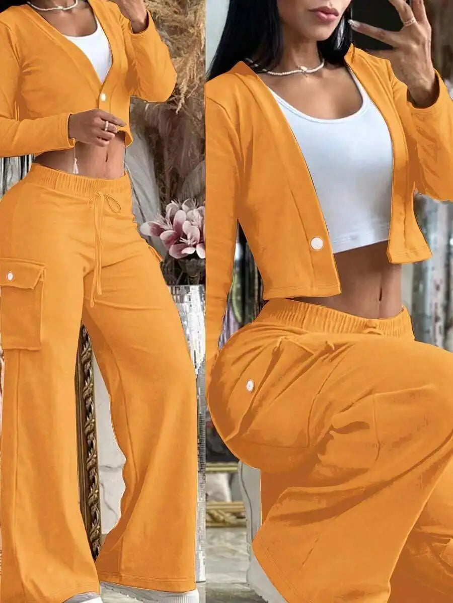 Women Two Piece Knit Set Crop Top With Drawstring Cargo Pants Casual Y2K Style