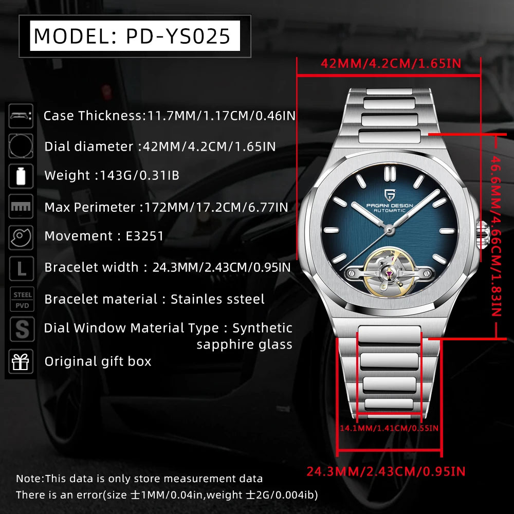 PAGANI DESIGN Skeleton Tourbillon Automatic Mens Wristwatch