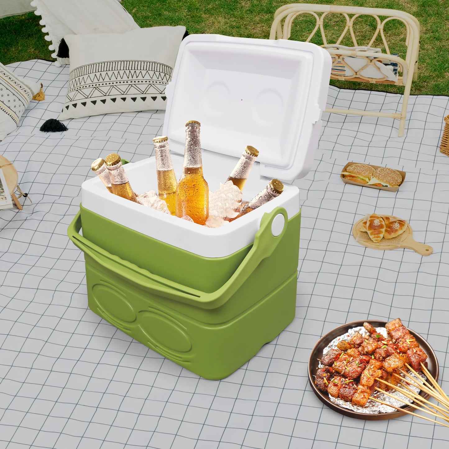 Portable Insulated Cooler With Cup Slots And Handle For Beach