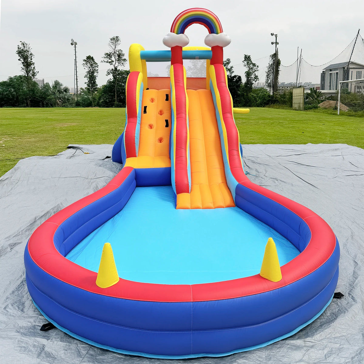 RTS Inflatable Double Water Slide With Splash Pool Rainbow Theme