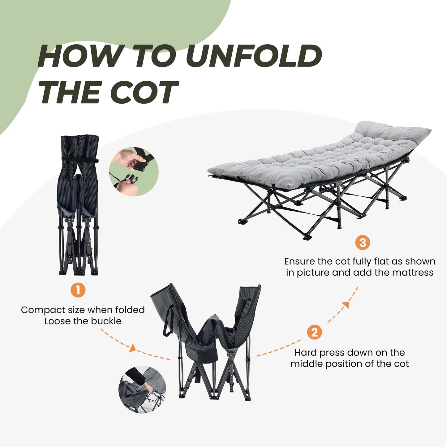 JHK Folding Camping Bed Lounge Chair With Sturdy Carbon Steel Frame Outdoor