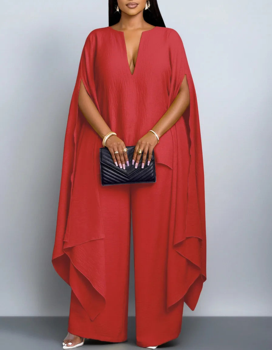 Women V Neck Split Cape Sleeve Wide Leg Two Piece Set