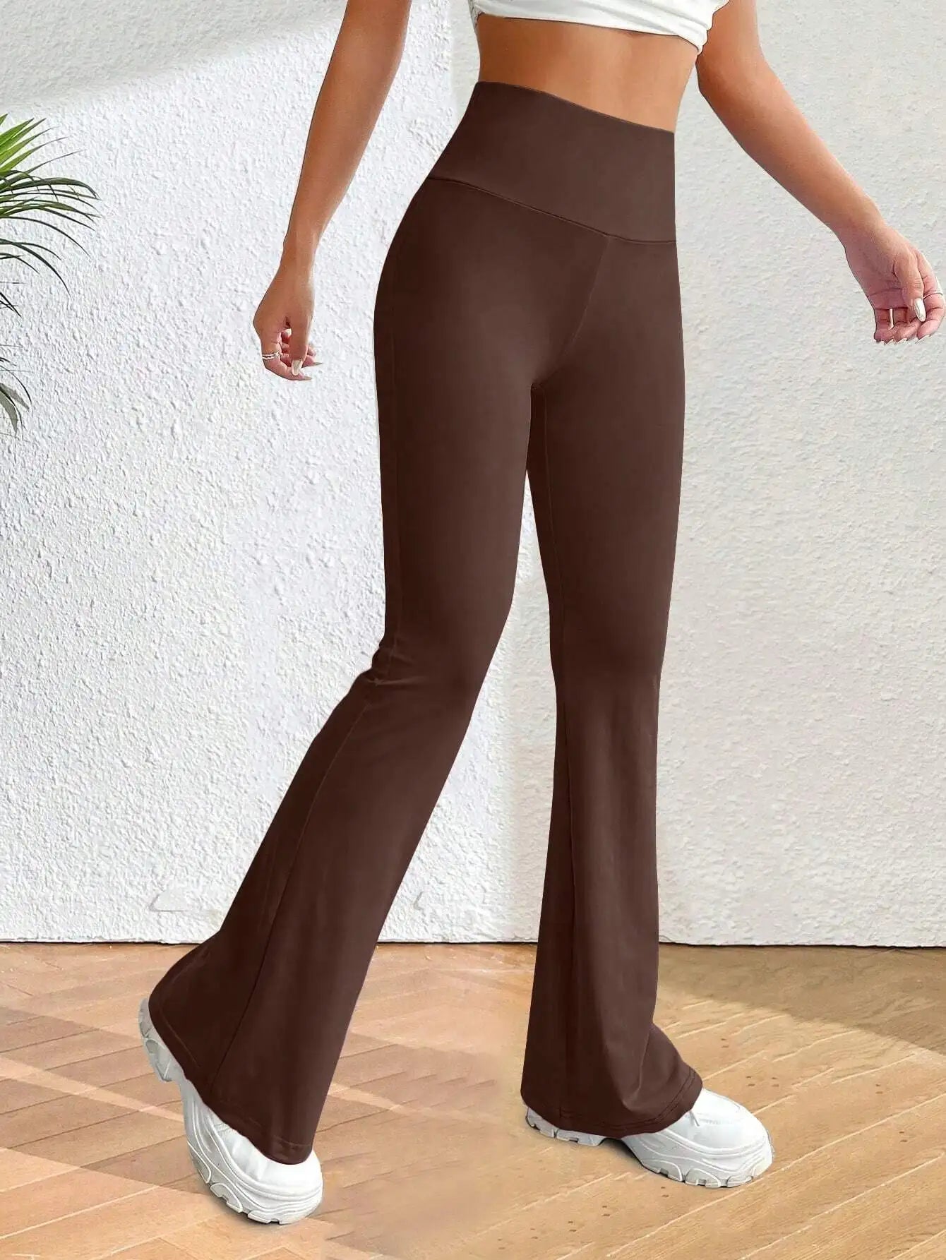 Solva Solid Flare Leg Pants High Waist Elastic Yoga Wear