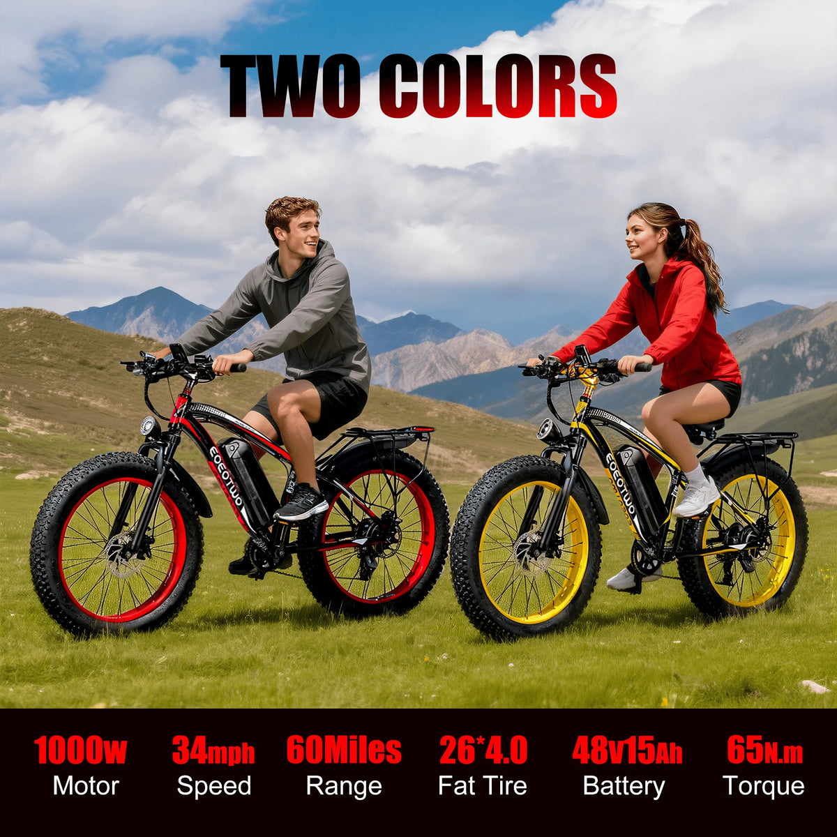 EOEOTWO Fat Tire Electric Bike 1000W Motor 34 MPH Range