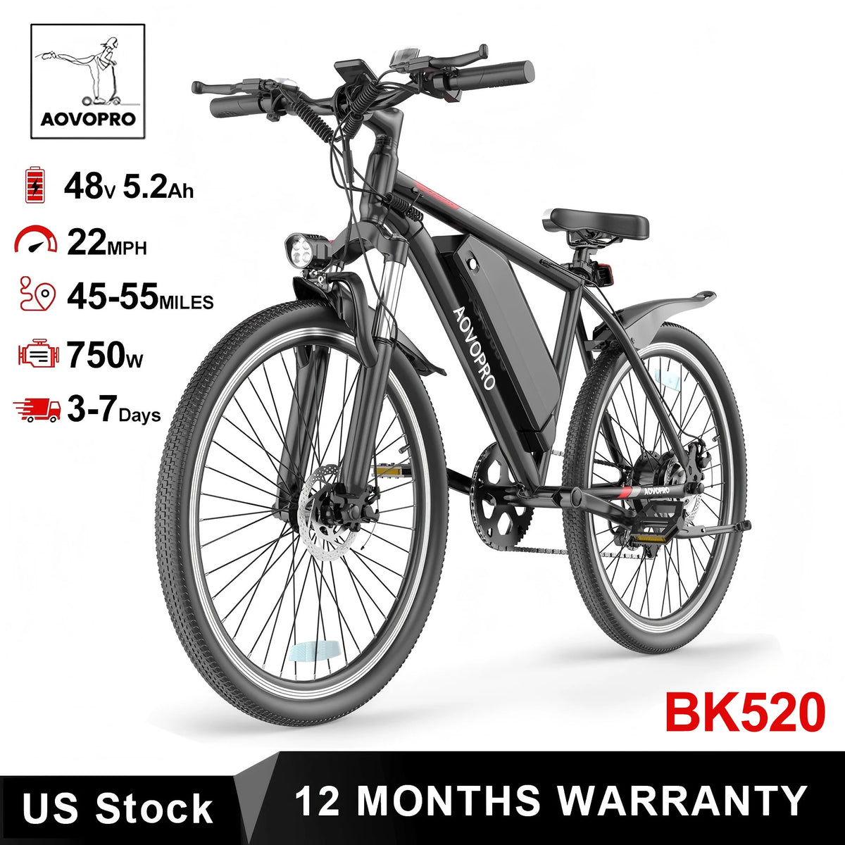AOVOPRO BK520 Electric Bike 750W Motor 48V Long Range Battery