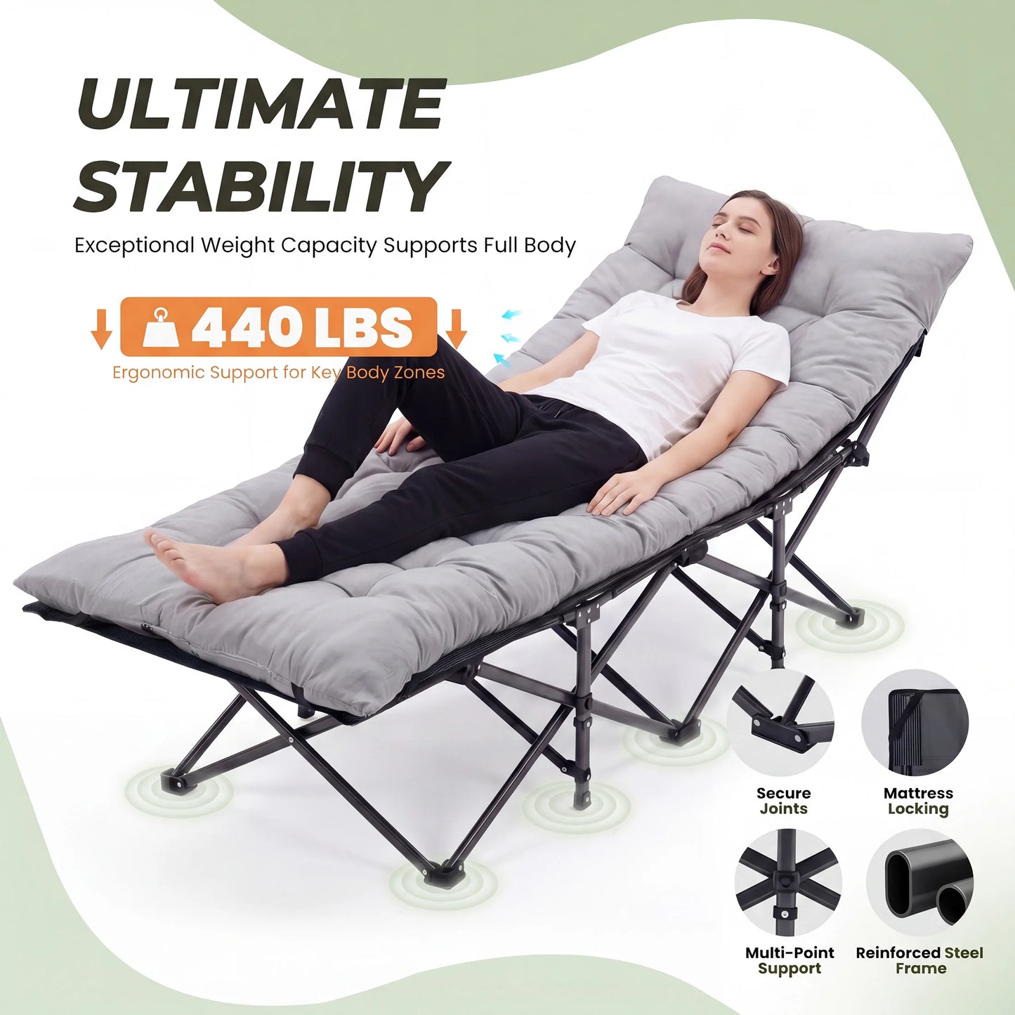 JHK Folding Camping Bed Lounge Chair With Sturdy Carbon Steel Frame Outdoor