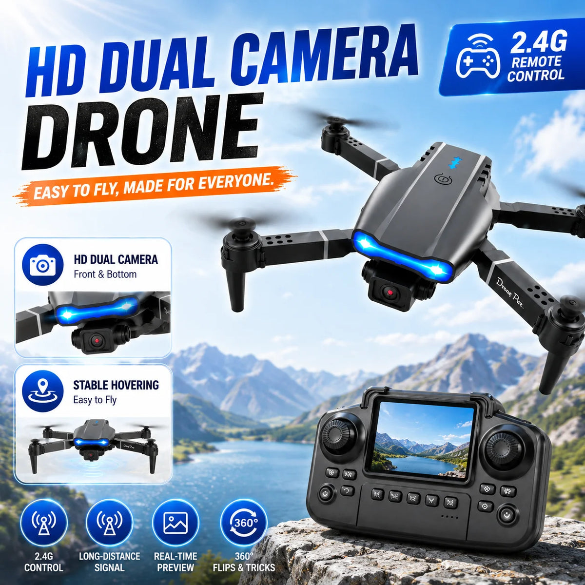 ZNLYRION RC Drone With Screen Remote Control Foldable 4K Dual Camera FPV