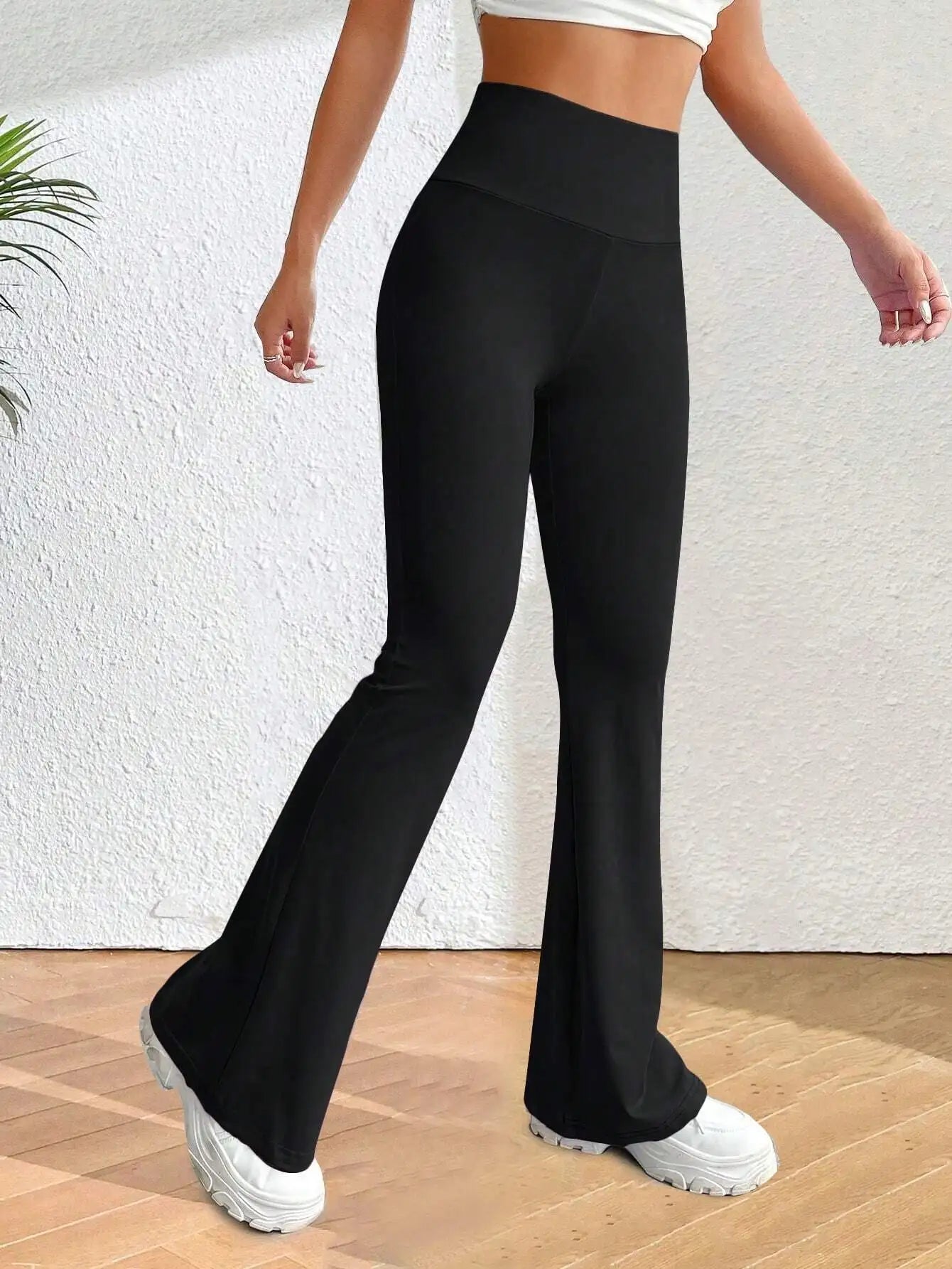 Solva Solid Flare Leg Pants High Waist Elastic Yoga Wear