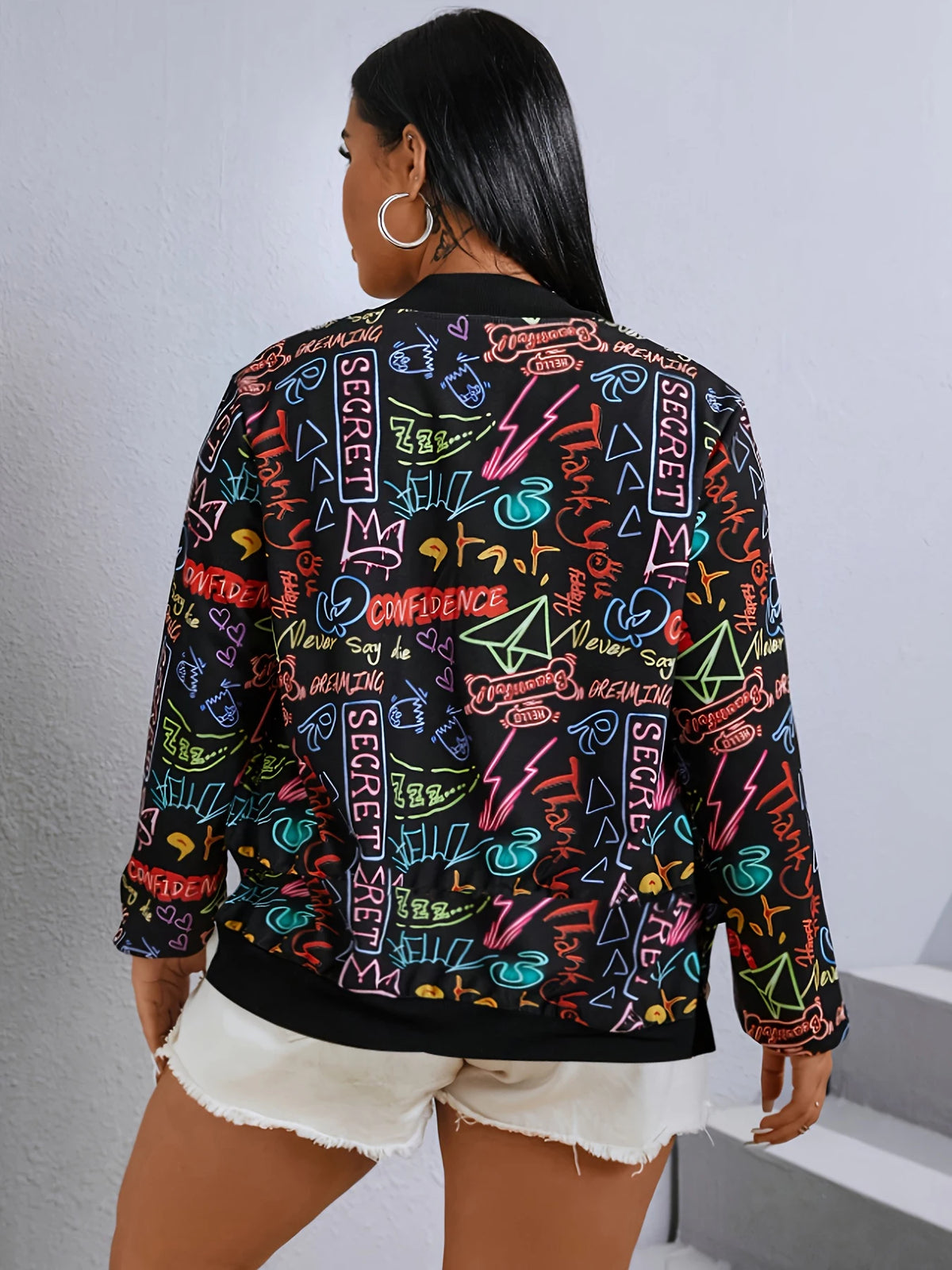 Women Graffiti Print Baseball Jacket With Zipper Stand Collar