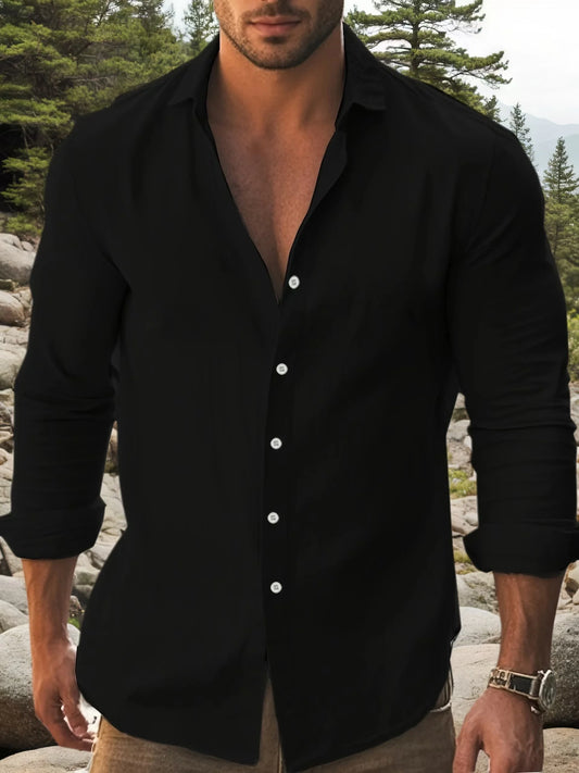 Mens Cotton Long Sleeve Shirt With Classic Collar And Rollable Cuffs Slim Fit