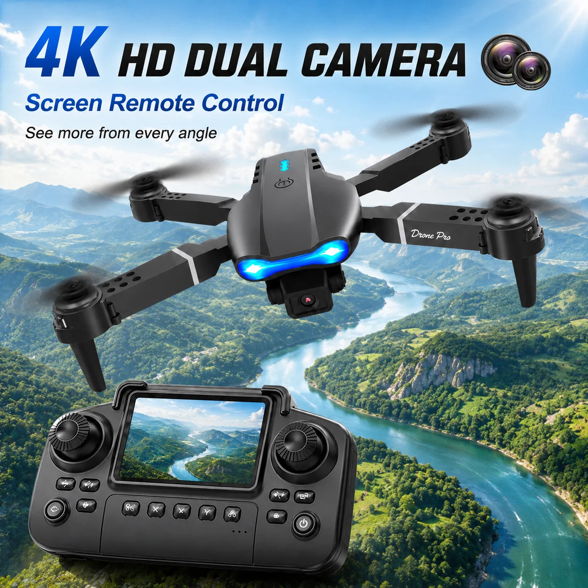 ZNLYRION RC Drone With Screen Remote Control Foldable 4K Dual Camera FPV