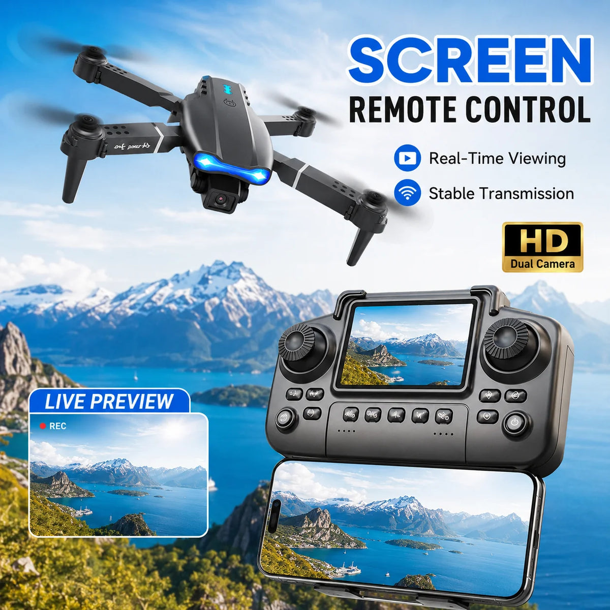 ZNLYRION RC Drone With Screen Remote Control Foldable 4K Dual Camera FPV
